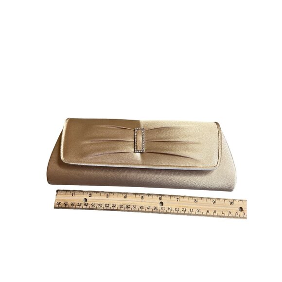 Womens Gold Satin Evening Clutch Purse Rhinestone Detail Chain Strap Formal - Picture 7 of 8